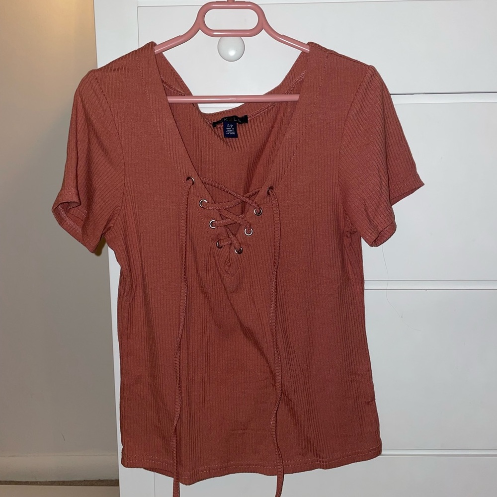 Short Sleeve Peach Top with Criss-Cross Lace Detail